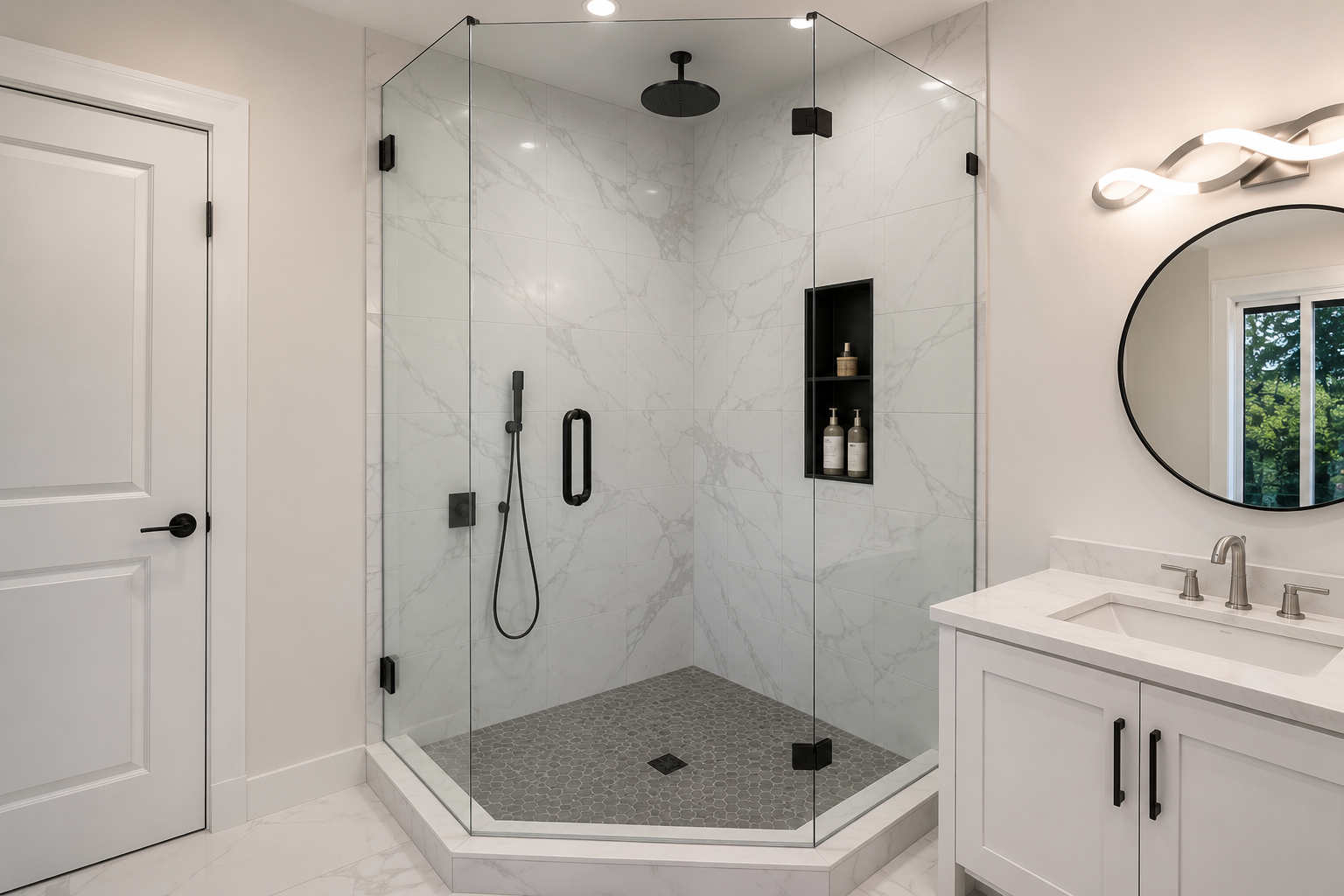 Custom neo-angle frameless shower glass enclosure with matte black hardware in Lonsdale North Vancouver by Wintek Glass