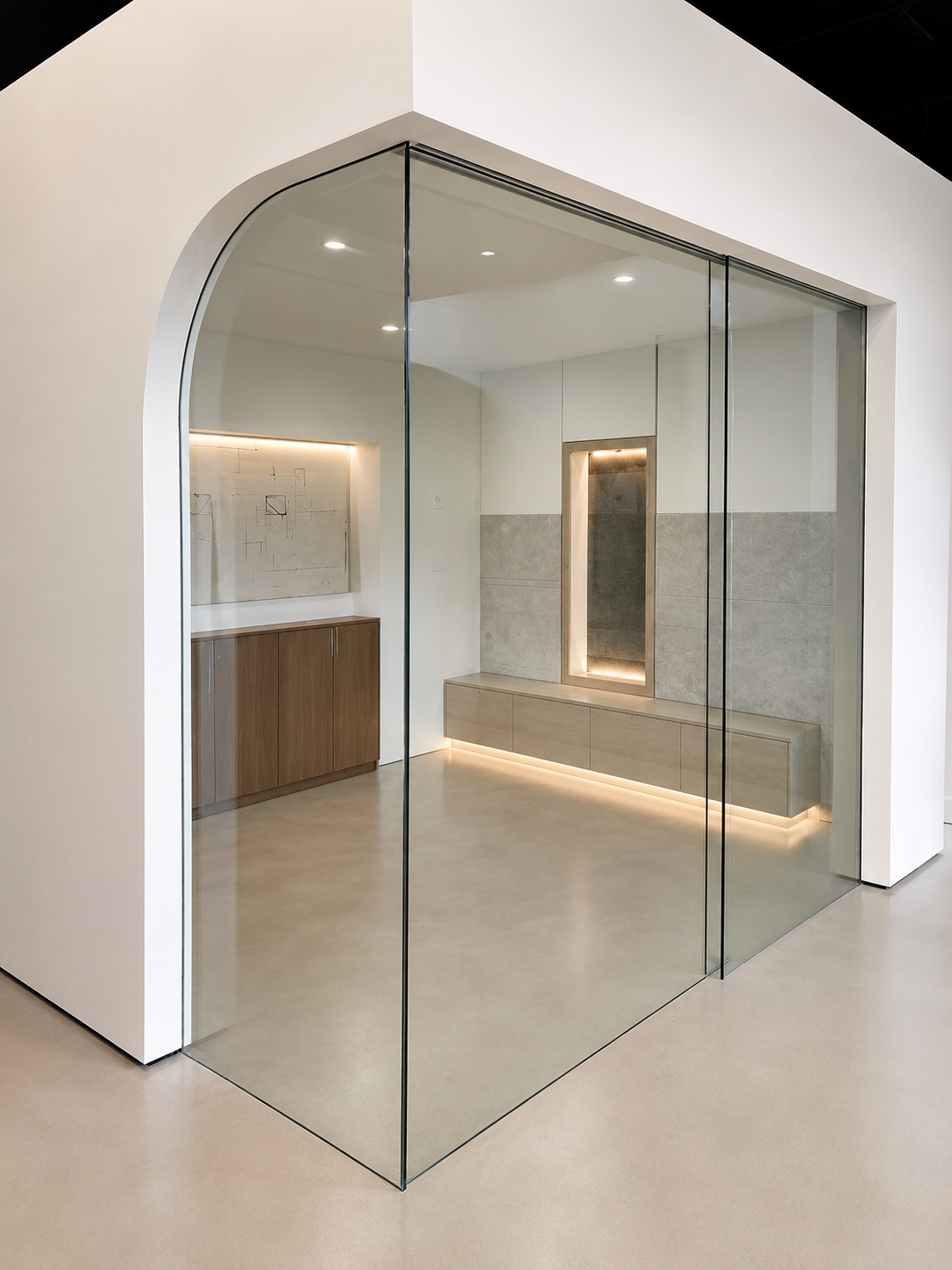 Curved arch floor-to-ceiling frameless glass office partition in Port Moody BC by Wintek Glass