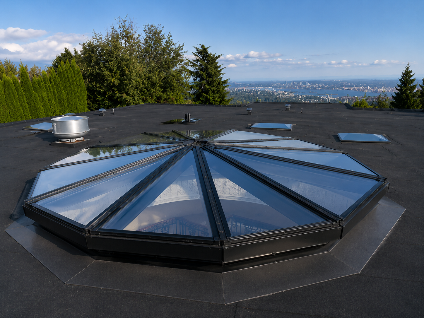 Custom octagonal pyramid glass skylight on luxury estate rooftop in British Properties West Vancouver by Wintek Glass