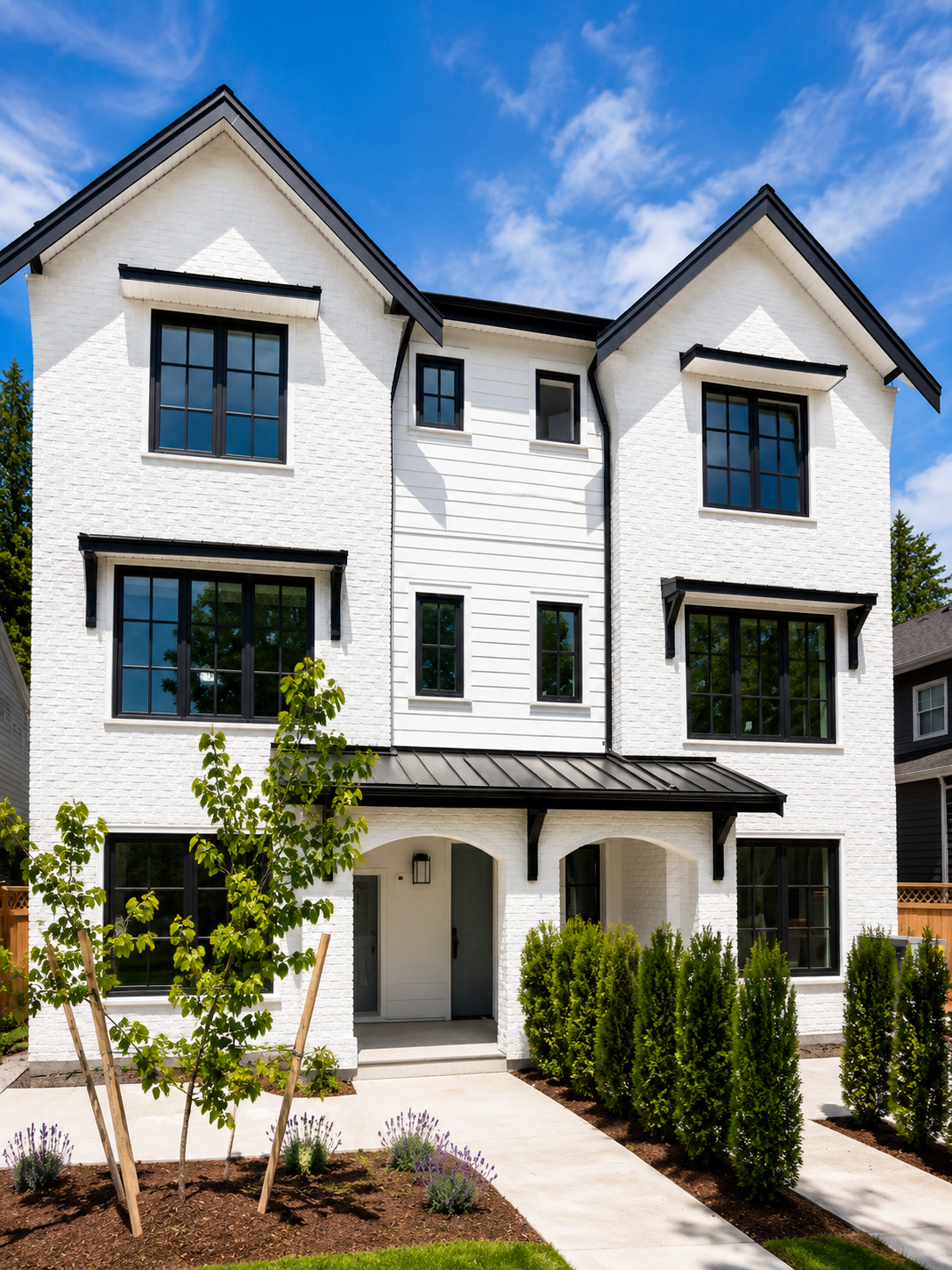 Residential black aluminum windows and glass door on white brick townhome in Killarney Vancouver by Wintek Glass